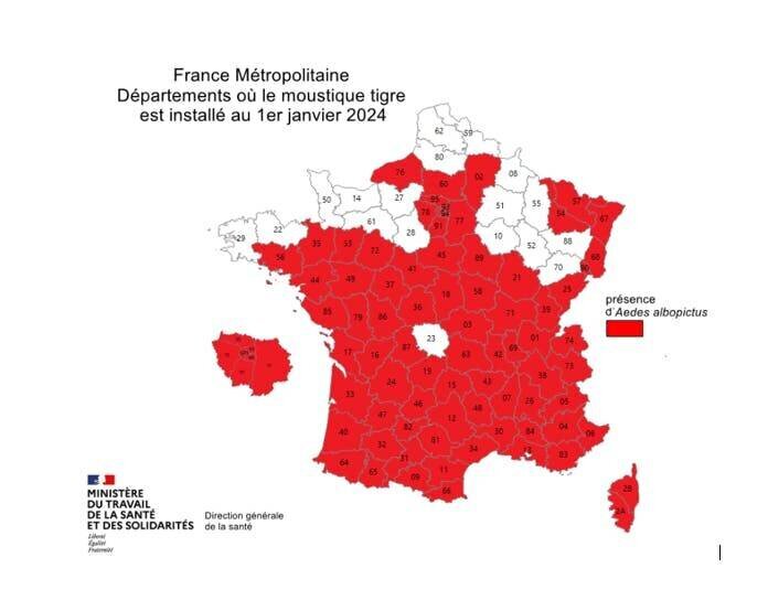 Carte de présence du moustique tigre en France au 1er janvier 2024