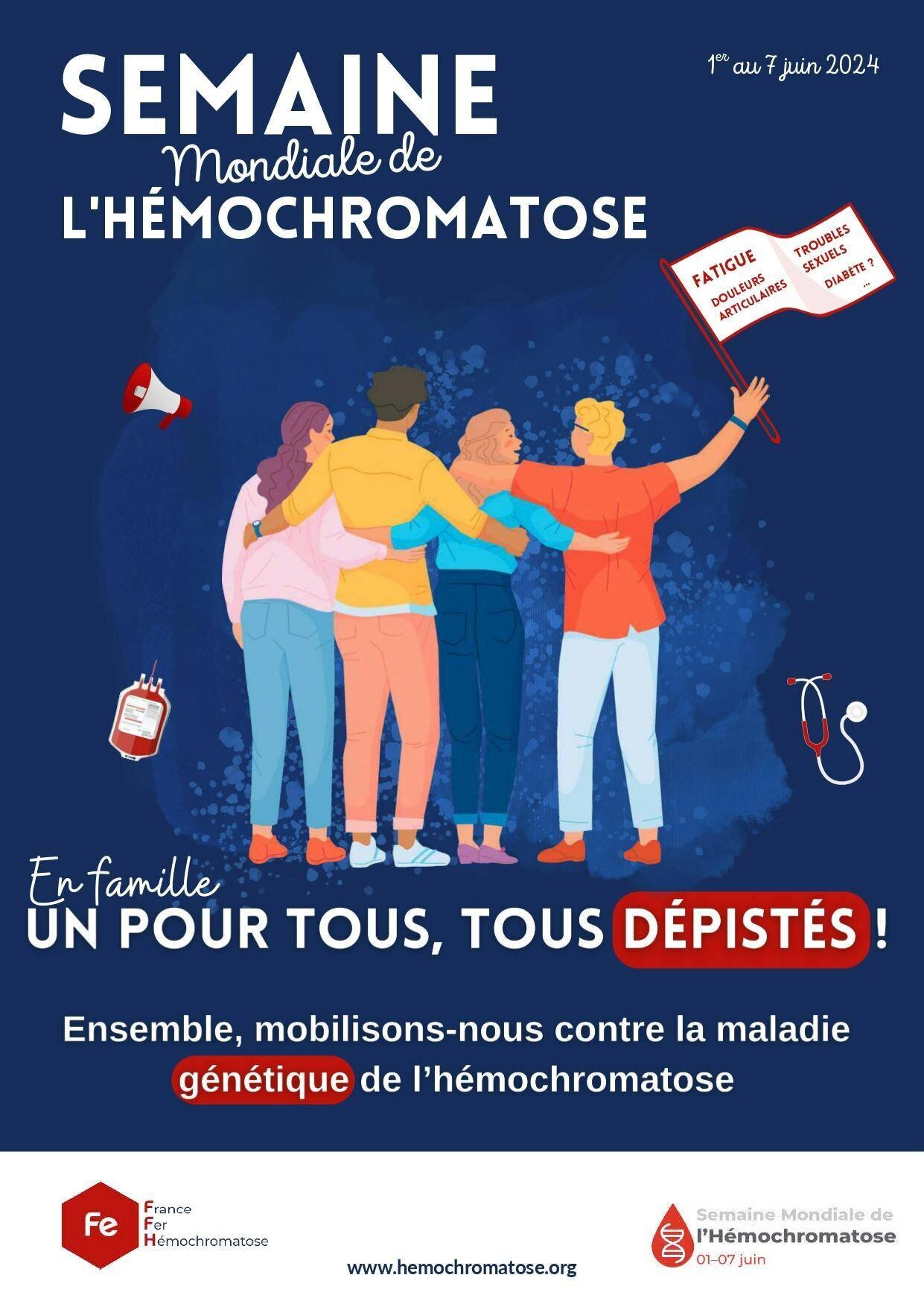 Illustration de personnes se soutenant face à l'hémochromatose avec des pancartes de sensibilisation.