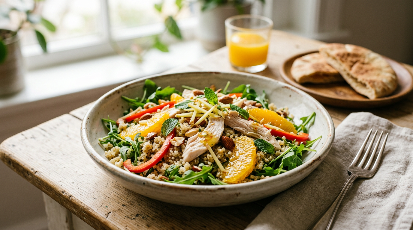 Salade de poulet, quinoa et gingembre à l'orange. - Salade de poulet, quinoa et gingembre à l&rsquo;orange.