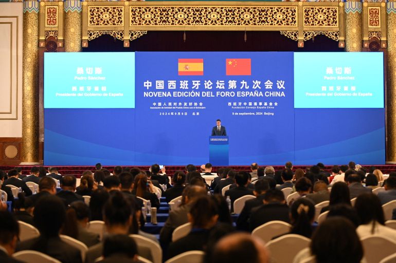 Sánchez lors de son discours à l'ouverture du forum économique sino-espagnol à Pékin.