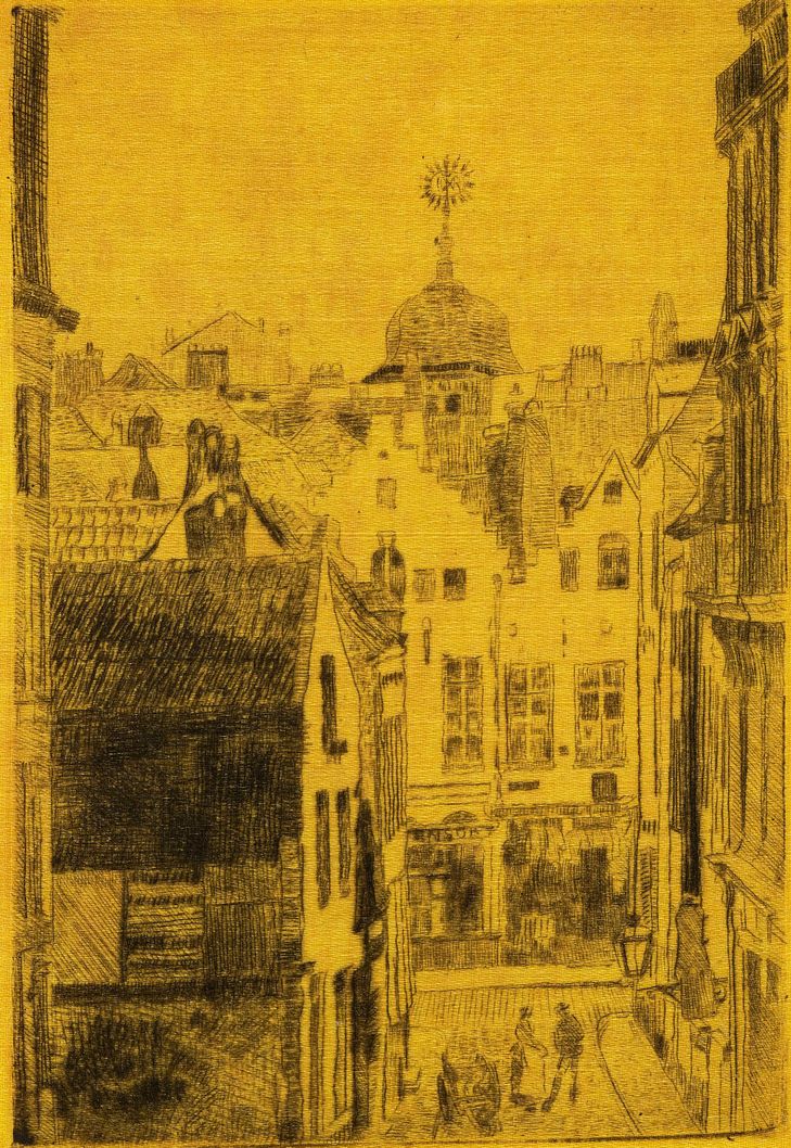 Rue du Bon Secours à Bruxelles, 1877, pointe-sèche sur satin, collection P.F.