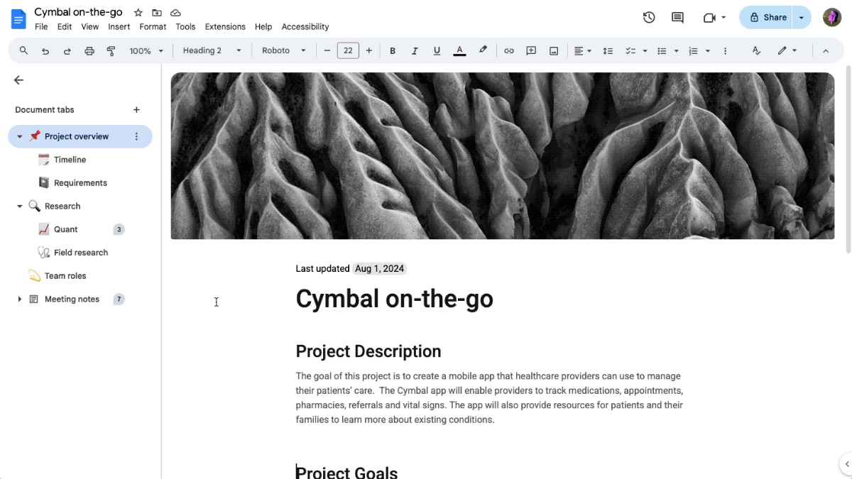 Un GIF montrant comment créer et éditer des onglets dans Google Docs.