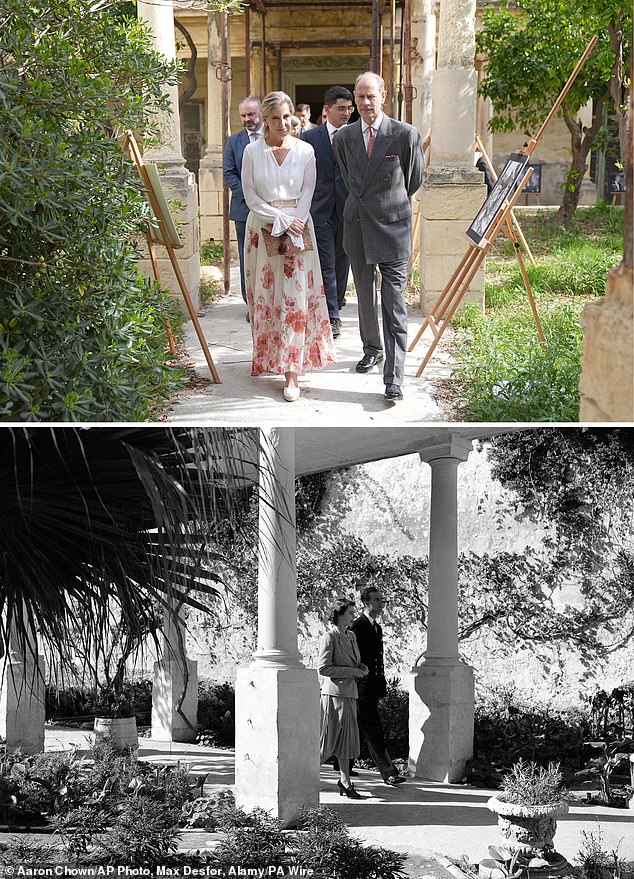 Duc et Duchesse d'Édimbourg dans les jardins de la villa, avec une photo historique de la Reine Elizabeth et le Duc d'Édimbourg