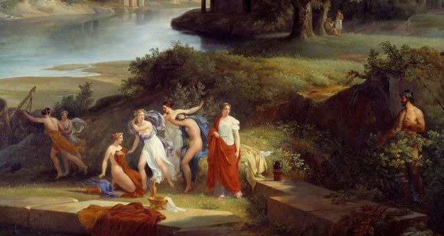 Ulysse aperçoit Nausicaa, fille du roi Alcinoos, jouant à la balle avec ses suivantes, peinture de Jean Charles Remond