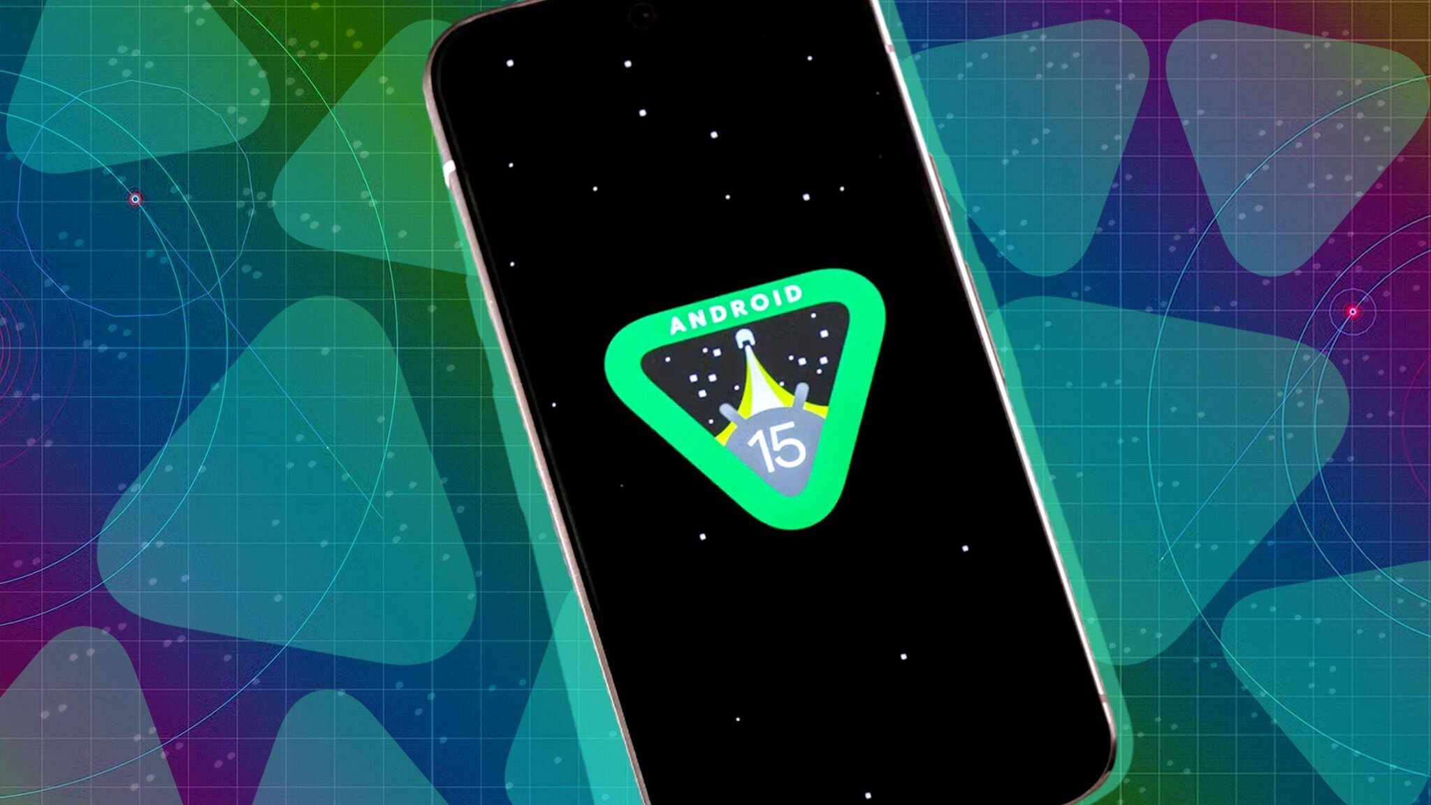 Illustration d'un smartphone avec le logo Android 15 sur fond vert.