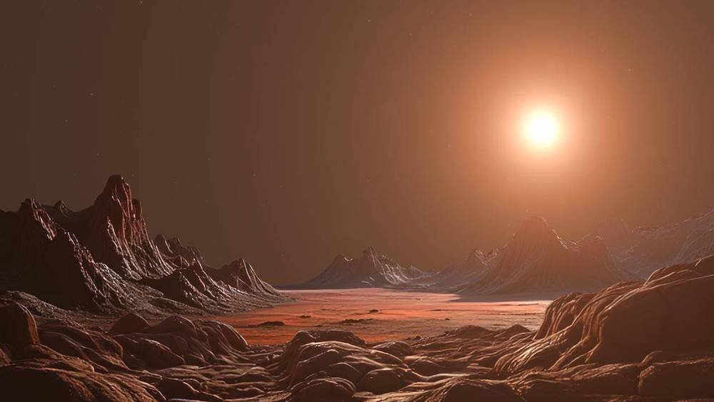 Représentation du paysage de l’exoplanète Barnard b orbitant autour de son étoile. Image : Gabriel Pérez IAC.