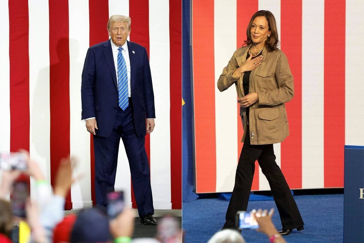 Donald Trump à Waunakee, dans le Wisconsin, le 1er octobre 2024, et Kamala Harris à Douglas, en Arizona, le 27 septembre 2024. © Montage. KAMIL KRZACZYNSKI and Rebecca NOBLE/AFP