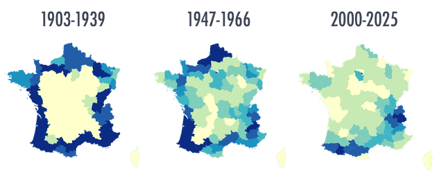 Les départements les plus traversés entre 1903 et 2025, une typologie.