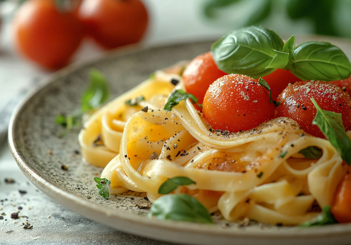 Tagliatelles avec sauce tomate cherry et encurtidos