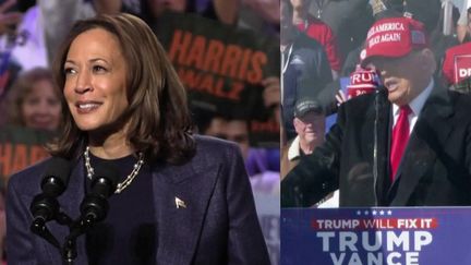 Kamala Harris et Donald Trump, candidats à l'élection présidentielle aux États-Unis, multiplient les déplacements et les appels à voter, lundi 4 novembre, à la veille du scrutin.