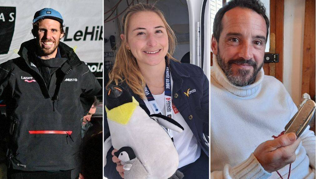 Tanguy Le Turquais et sa casquette fétiche, Violette Dorange et la mascotte de son bateau et Louis Burton avec le couteau de son papa