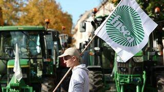 Un agriculteur tient le drapeau de la FNSEA à Strasbourg, le 21 octobre 2024.