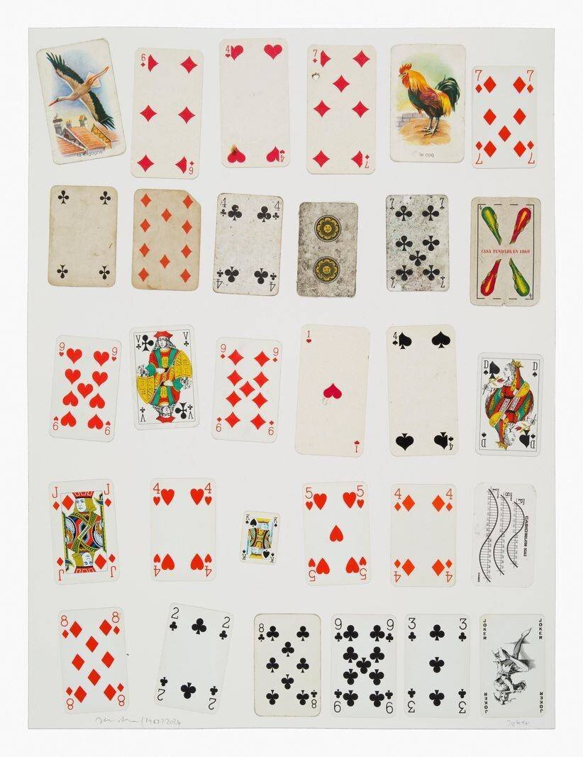 «Joker», (1967-) 2024, cartes de jeu trouvées collées sur papier.