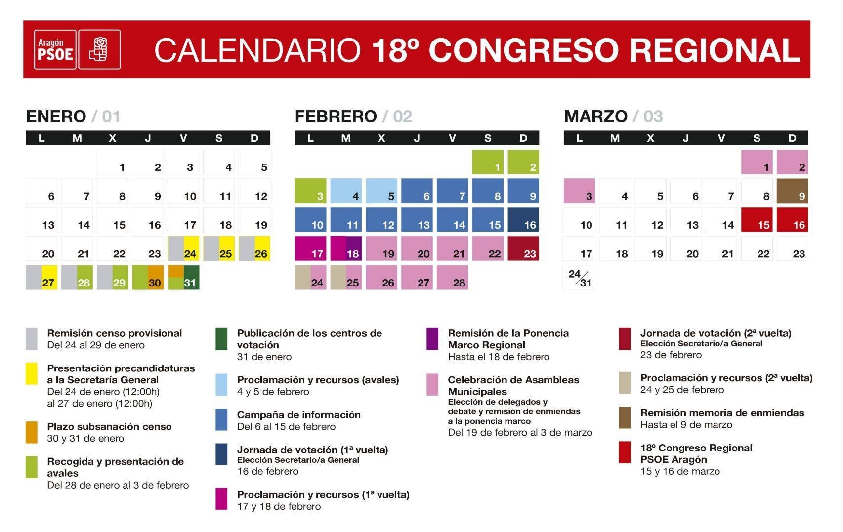 Calendrier détaillé du PSOE-Aragón.