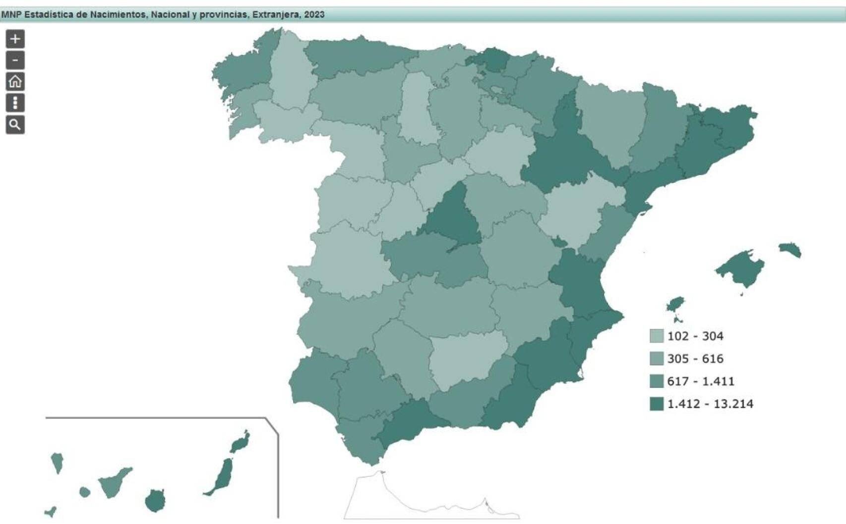 Mapa por números absolutos de nacimientos en territorio español durante 2023 de niños y niñas de madre extranjera