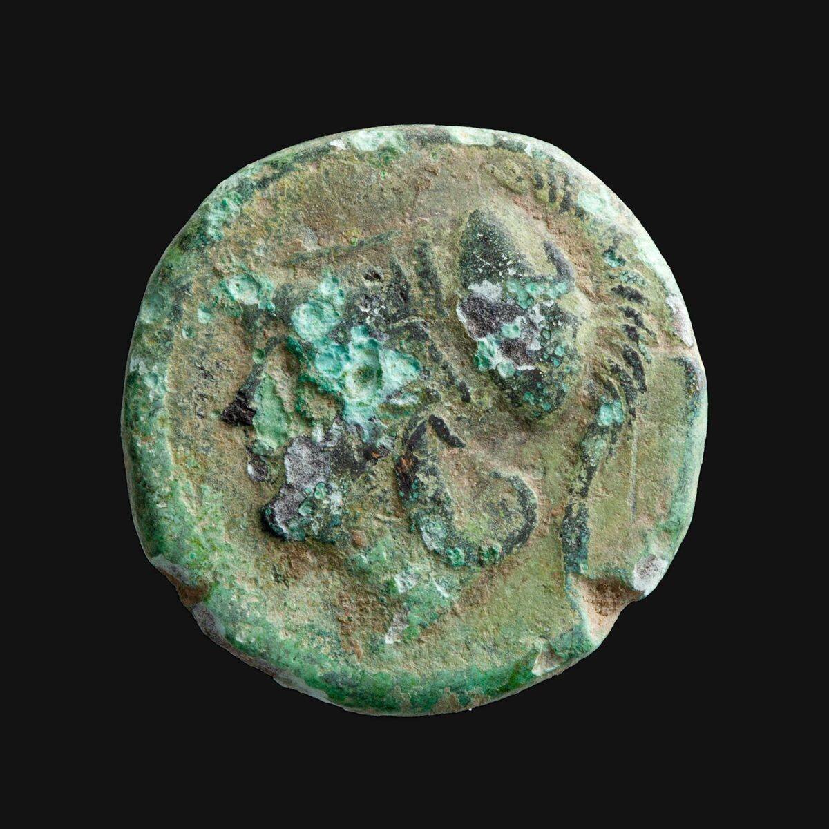 Bronzemünze aus dem 3. Jh. v. Chr. – Vorderseite mit Kopf der Minerva