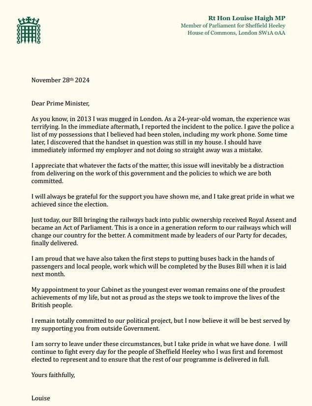 Lettre de Mme Haigh au Premier ministre Sir Keir Starmer