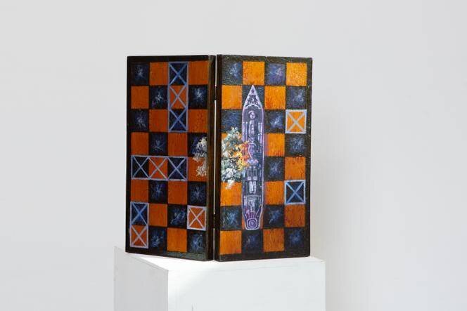 Battleship, 2022, huile sur échiquier vintage, 12x12 inch, Natalia Shynkarenko.
