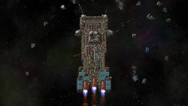 Un vaisseau spatial long et fin dans Factorio: Space Age qui traverse l'espace, avec des bras en métal tentaculaires attrapant des astéroïdes.