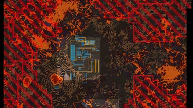 Une capture d'écran d'une carte de Vulcanus dans Factorio: Space Age, où la base du joueur est entourée de zones rouges dangereuses signalant le territoire des Demolishers.
