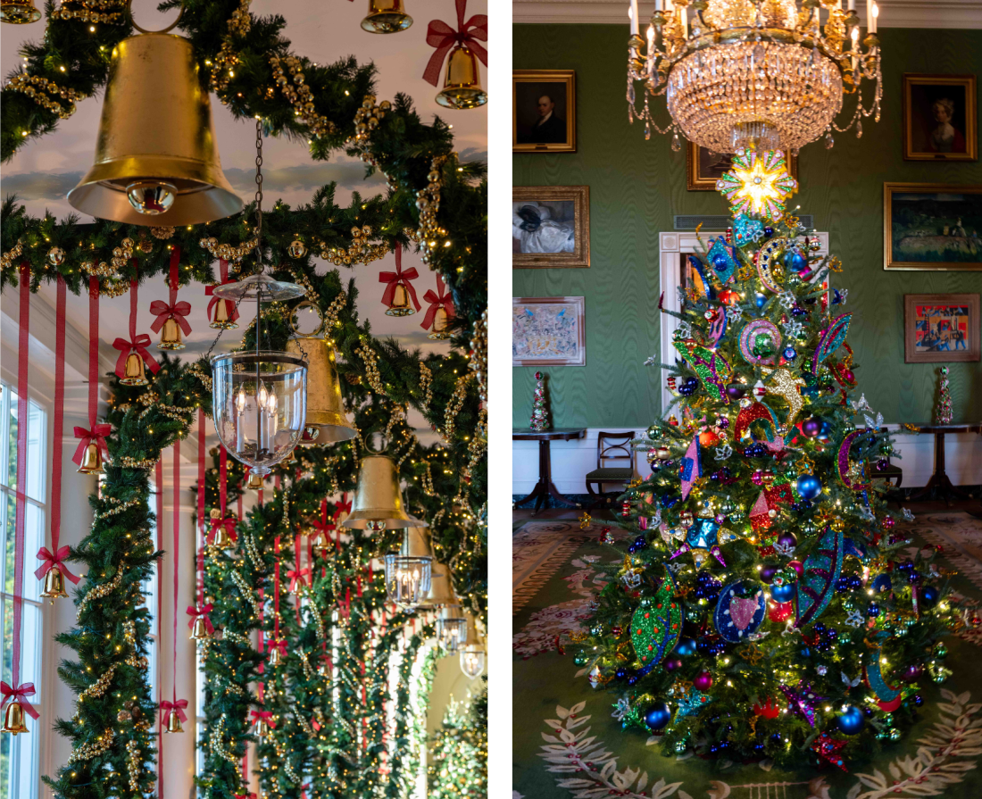 Le colonnade est et la salle verte décorés pour les fêtes.