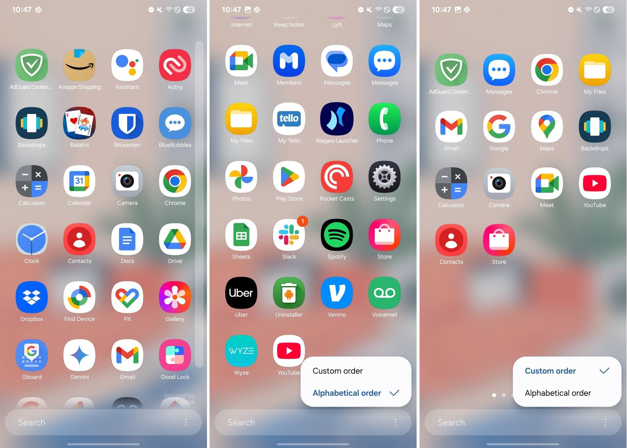 Exemples de tiroirs d'applications vertical et horizontal dans One UI 7