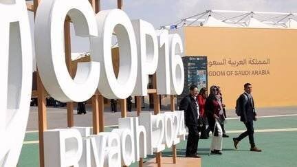 Des délégués arrivent à la COP16 sur la désertification à Riyad (Arabie Saoudite) le 2 décembre 2024. (FAYEZ NURELDINE / AFP)