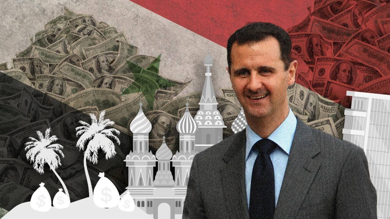 Bachar al-Assad, le dirigeant déchu de Syrie, sur fond de billets de banques, d'un illustration pour symboliser les paradis fiscaux, et des couleurs de l'ancien drapeau syrien.