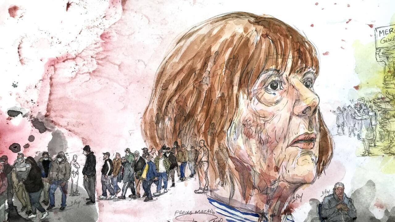 Dessin d'audience, avec Gisèle Pelicot, le jour du verdict du procès des viols de Mazan, à la cour criminelle du Vaucluse, le 19 décembre 2024.