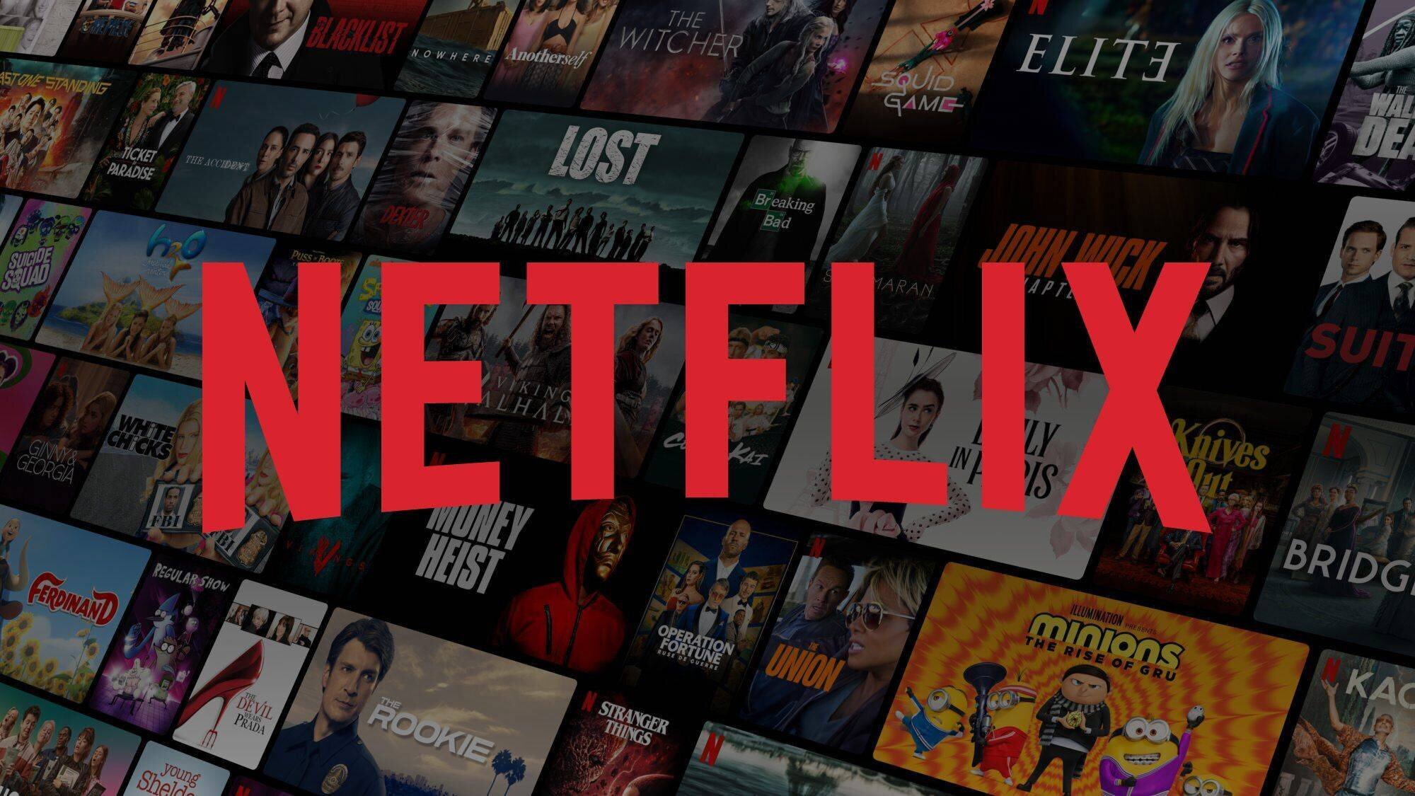 Logo de Netflix contre un collage de titres de films.
