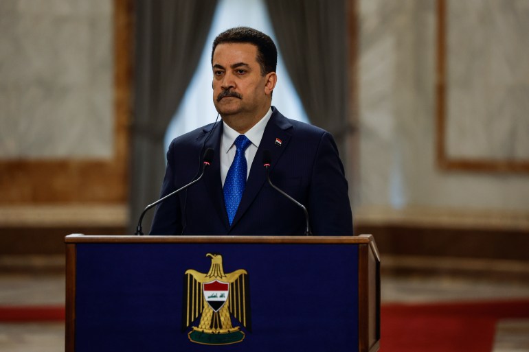 Le Premier ministre irakien Mohammed Shia al-Sudani lors d'une conférence de presse avec le président turc Recep Tayyip Erdogan, à Bagdad, Irak, le lundi 22 avril 2024.