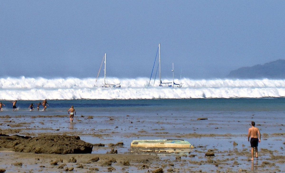 Des touristes étrangers rentrent sur la plage après que l'eau se soit retirée lors du tsunami