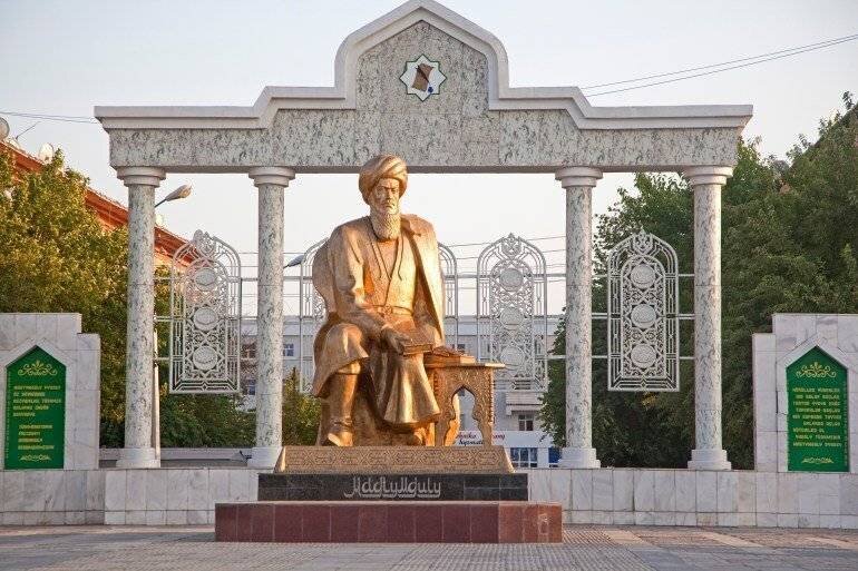 Golden statue of Magtymguly Pyragy / Mahtumkulu Firaki, Turkmen spiritual leader and philosophical poet, Turkmenistan .
