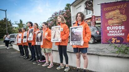 Des militants de l’association de défense des animaux L214 manifestent devant une boulangerie, à Pau, en août 2024.