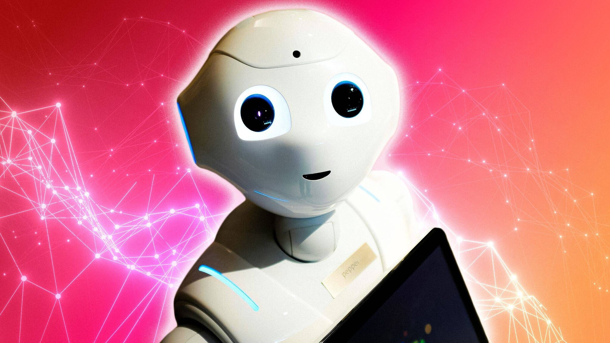 Un robot humanoïde avec de grands yeux lumineux et un écran de tablette, sur un fond rose vif avec des lignes de connexion numérique.