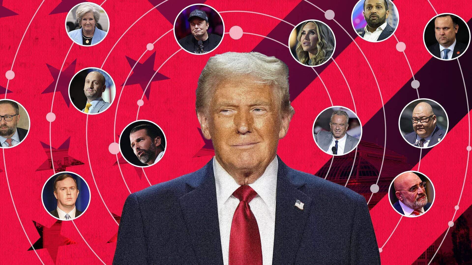 Donald Trump entouré des photos des personnalités qui risquent de compter dans une nouvelle administration républicaine.