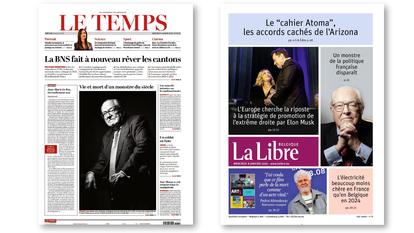 Les Unes du quotidien suisse Le Temps et de La Libre Belgique, ce mercredi 8 janvier.