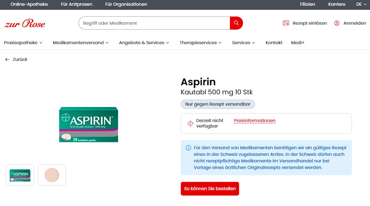 Aspirin en tant que comprimé à mâcher n'est actuellement pas disponible à la pharmacie Zur Rose.