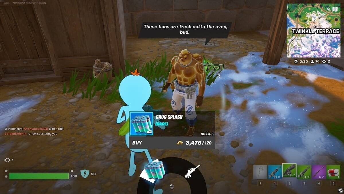 Mr. Meeseeks interagissant avec le PNJ Doughberman pour acheter des Chug Splashes dans Fortnite.