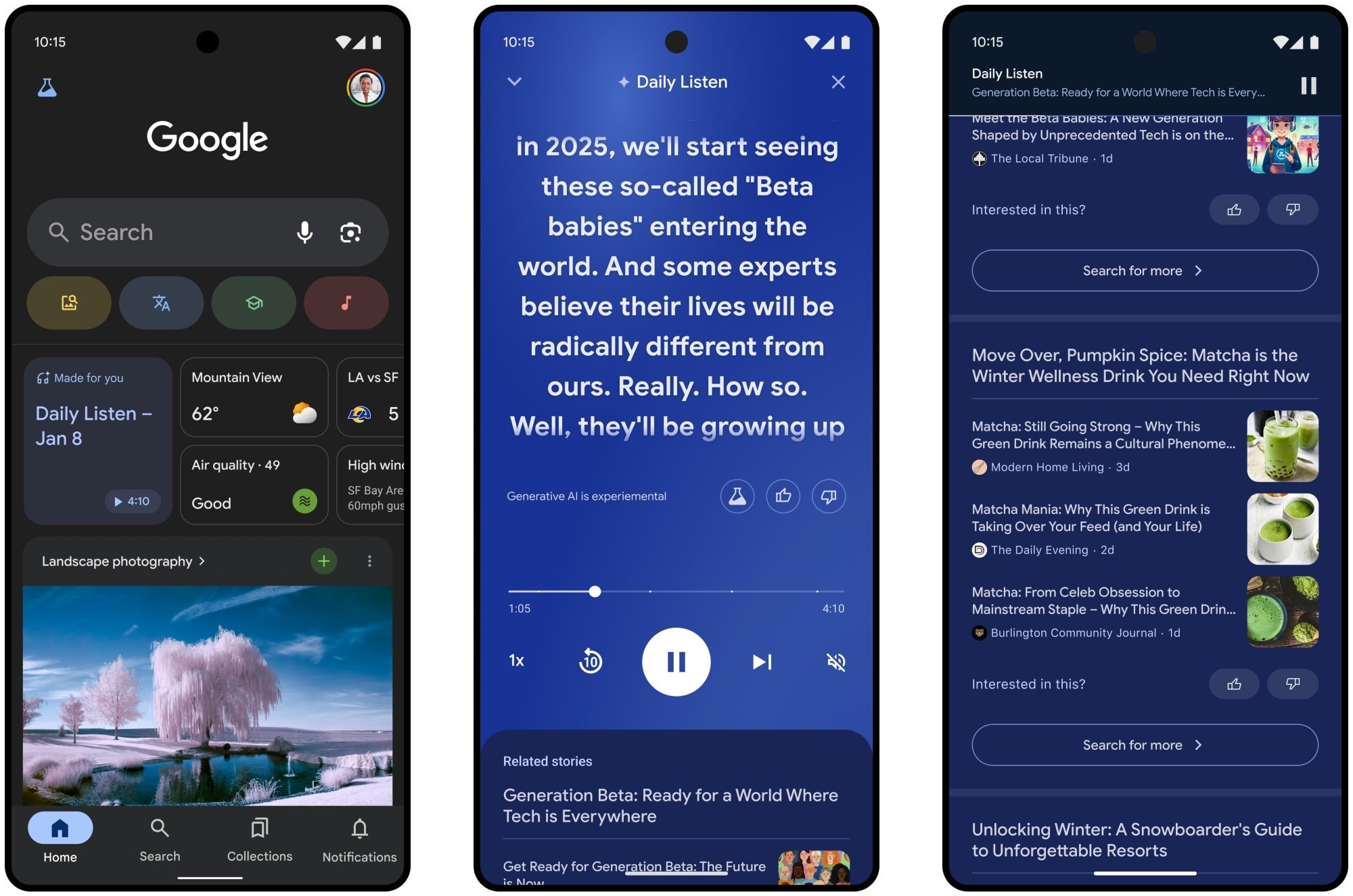 Outil Daily Listen de Google sur trois écrans Android