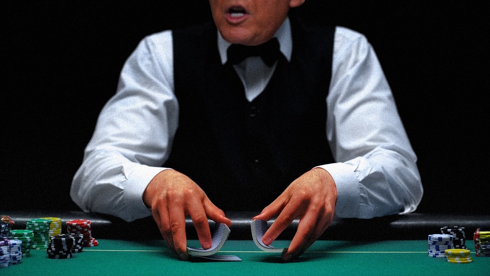 Trump en tant que croupier dans un casino, manipulant des cartes avec des jetons de chaque côté.