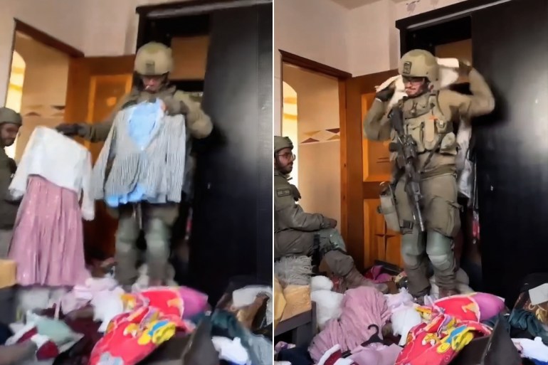 Des soldats israéliens manipulant des vêtements d'enfants à Gaza