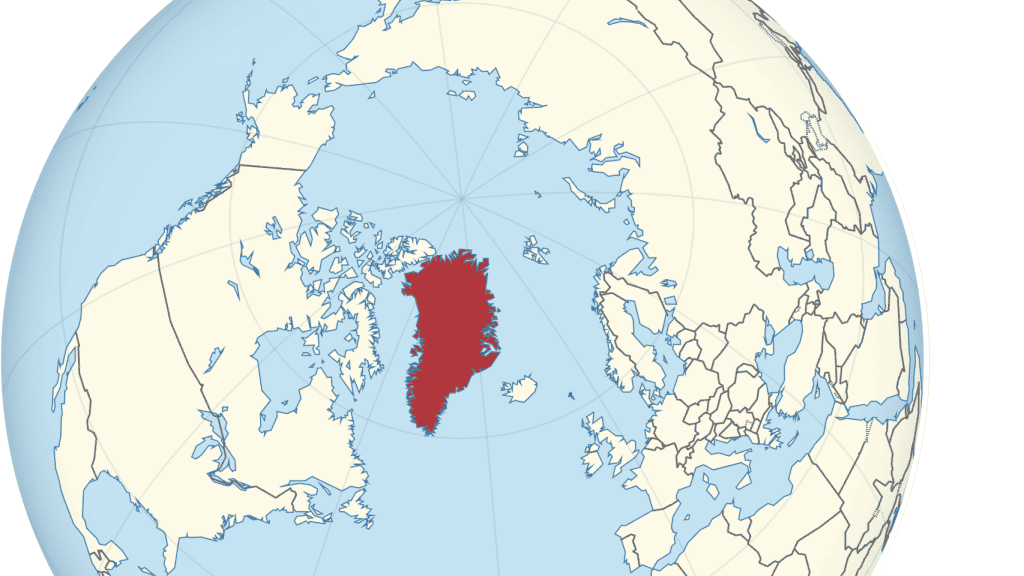 Carte du monde avec Groenland souligné en rouge.