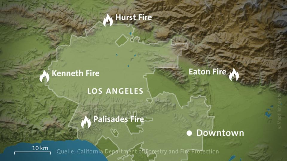 Carte des incendies à Los Angeles et Santa Clarita, Californie.