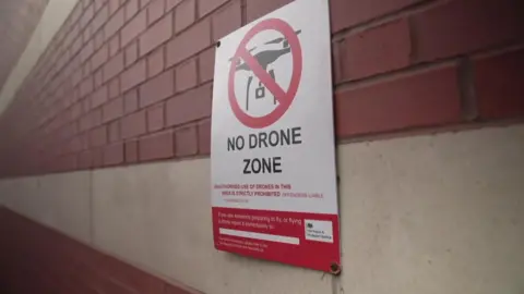 A 'No Drones Zone' sign at Manchester prison.