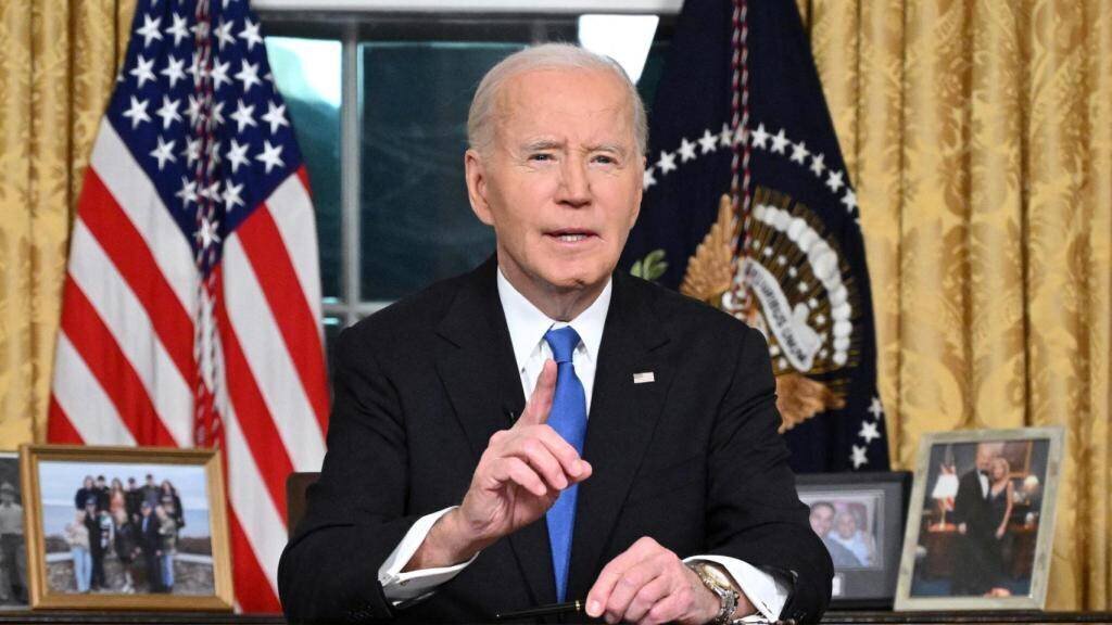 Joe Biden, président des États-Unis, durant son discours de départ de la Maison Blanche.