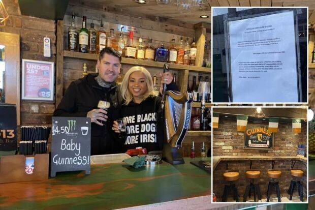 Collage de photos montrant l'intérieur d'un pub, les propriétaires et un avis de saisie.