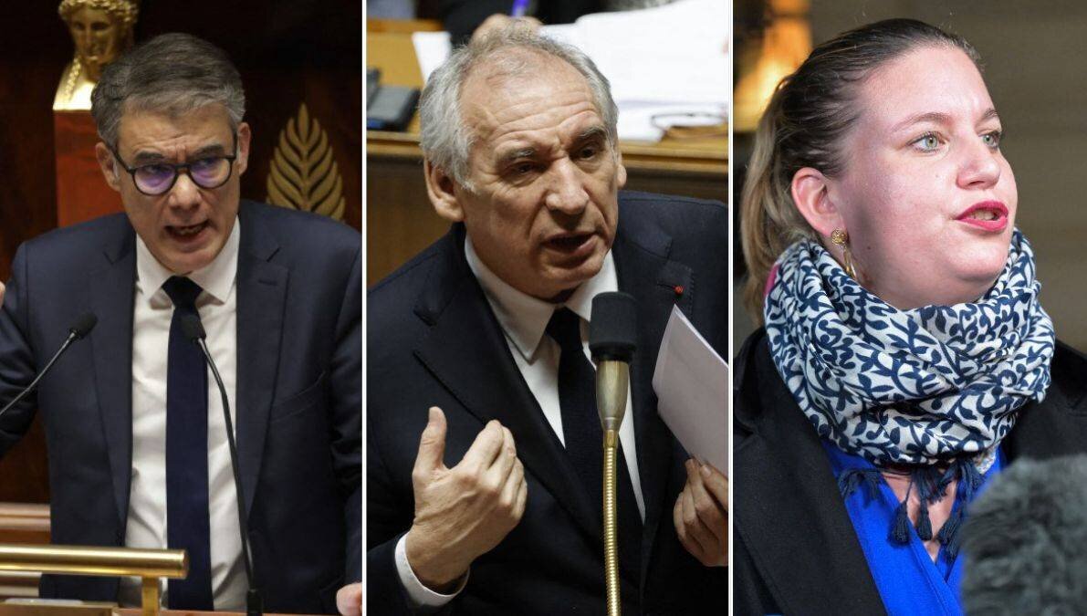 Le socialiste Olivier Faure, le Premier ministre François Bayrou et l'insoumise Mathilde Panot