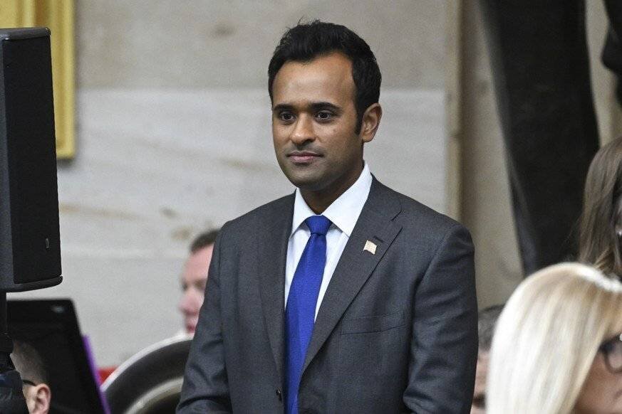 Vivek Ramaswamy arrives before the 60th Presidential Inauguration in the Rotunda of the U.S. Capitol in Washington, Monday, Jan. 20, 2025. (Saul Loeb/Pool photo via AP)