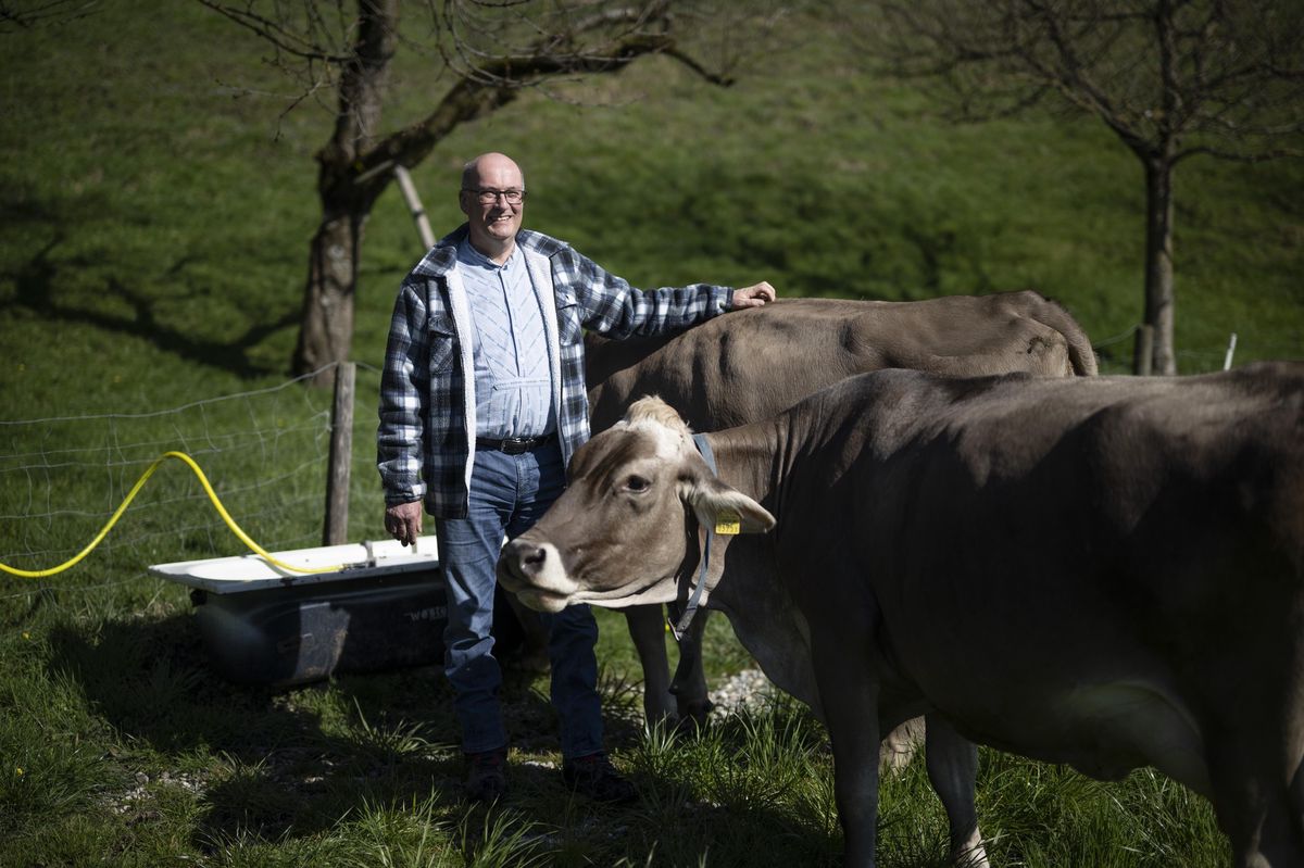 Markus Ritter, Président du Schweizer Bauernverband, se tenant à côté des vaches dans sa ferme à Altstätten.